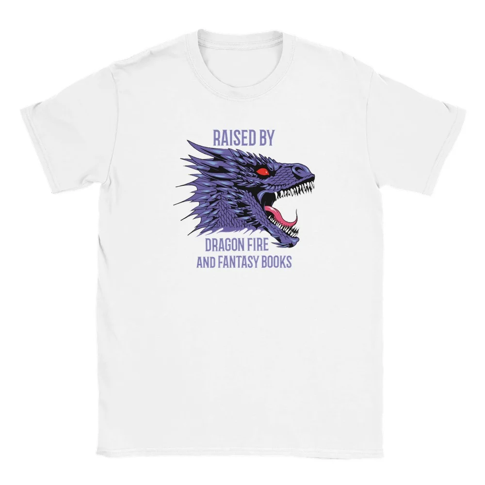 Raised by Dragon Fire and Fantasy Books T Shirt weiß